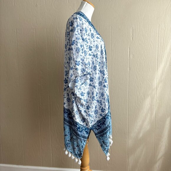 Boho Floral Print Tassel Trim Beachy Open Front Kimono Mi Ami - Picture 5 of 10